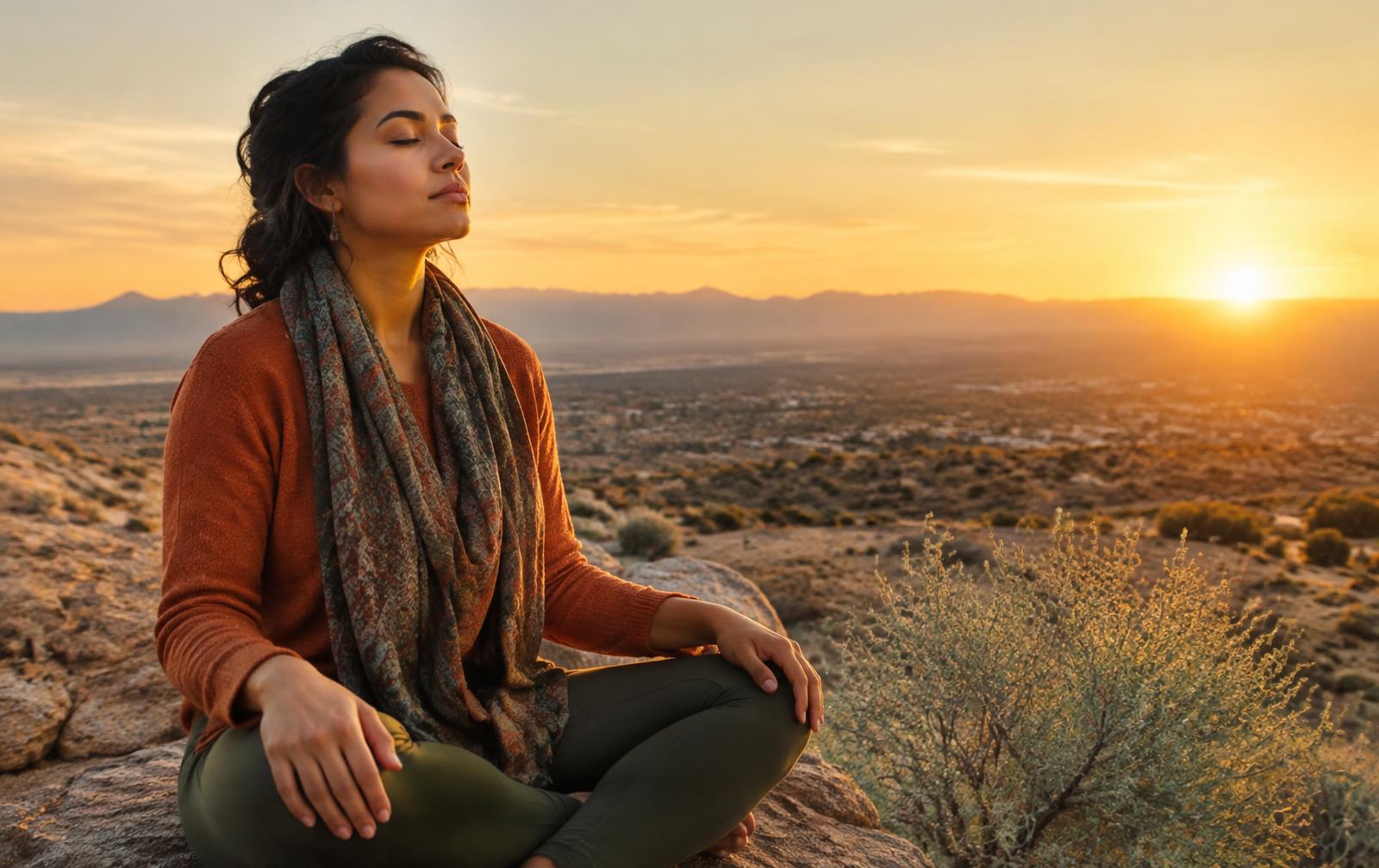 Woman practicing breathing at sunrise